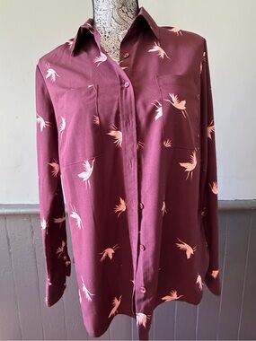 a new day Burgundy Button-Down Shirt with Blush Bird Motif